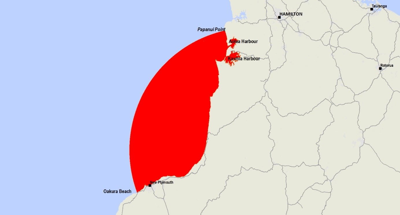 Map of the affected area in the Kawhia Harbour area, West Coast, North Island
