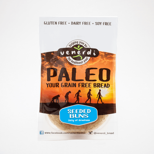 Venerdi brand paleo seeded buns (260g) in a clear plastic bag