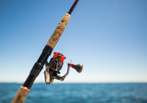 Fishing reel and sea in background