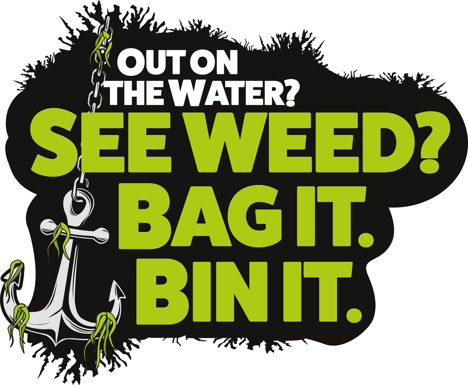A graphic showing a drawing of an anchor with bits of seaweed on the anchor and its chain. Beside the anchor are the words. Out on the water? See it? Bag it. Bin it.  