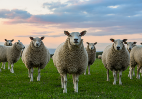 A herd of sheep looking straight at the camera.