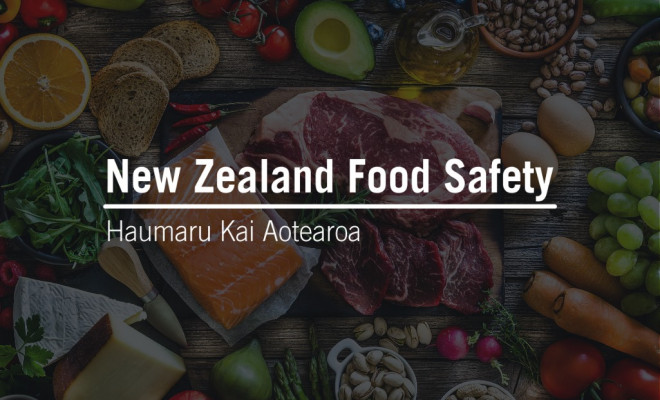 New Zealand Food Safety logo with a background image of food