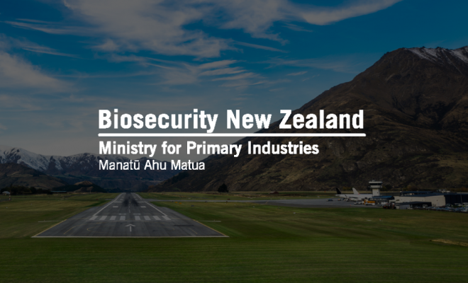 Landing strip at airport in mountains, with Biosecurity New Zealand logo.